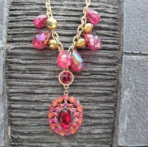 Dramatic Red Pink Crystal Drop Necklace